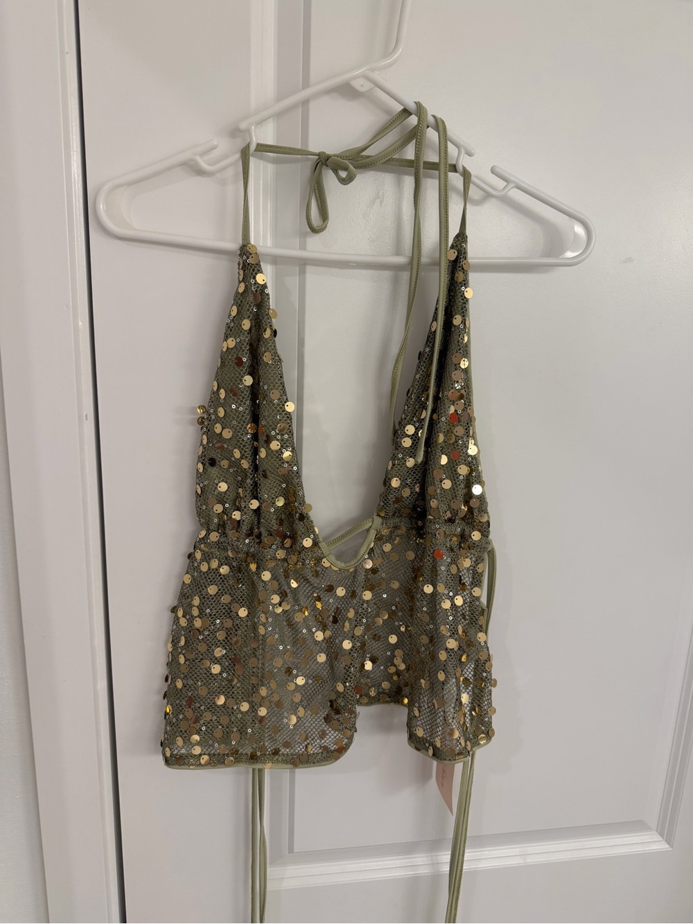 Olive Sequin Halter Crop Top